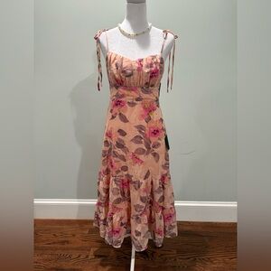 Lulu's Peach-Pink Floral Tie-Strap Midi Dress